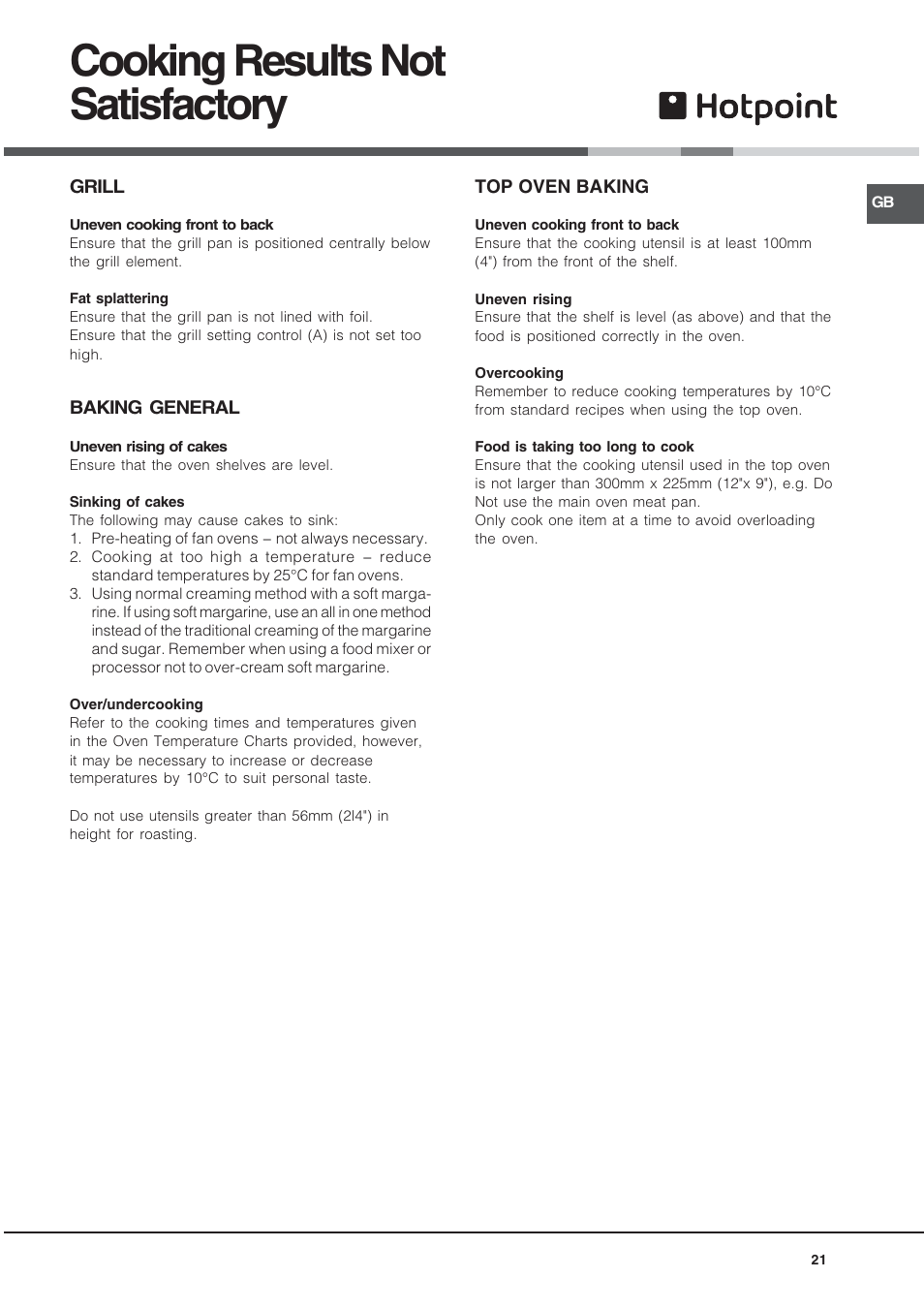 Cooking results not satisfactory | Hotpoint BU72B2 User Manual | Page 21 / 32