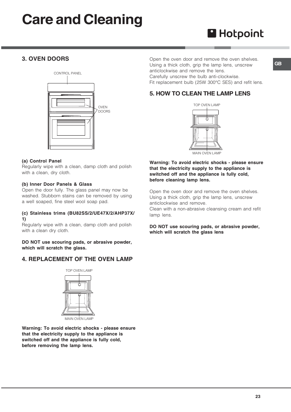Care and cleaning, Oven doors, Replacement of the oven lamp | How to clean the lamp lens | Hotpoint BU72B2 User Manual | Page 23 / 32