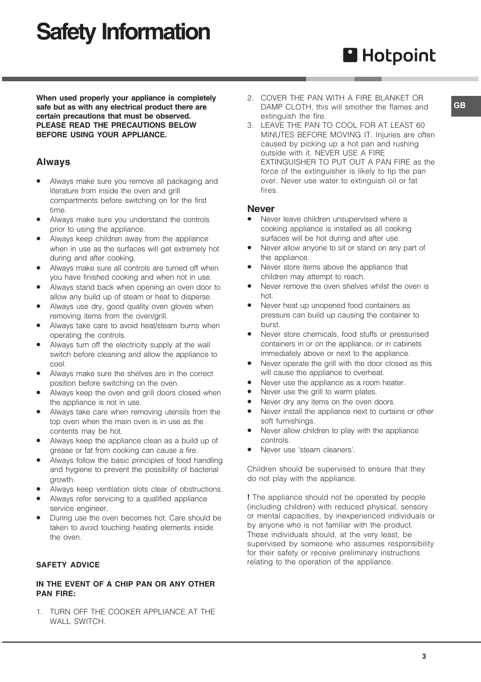 Safety information | Hotpoint BU72B2 User Manual | Page 3 / 32