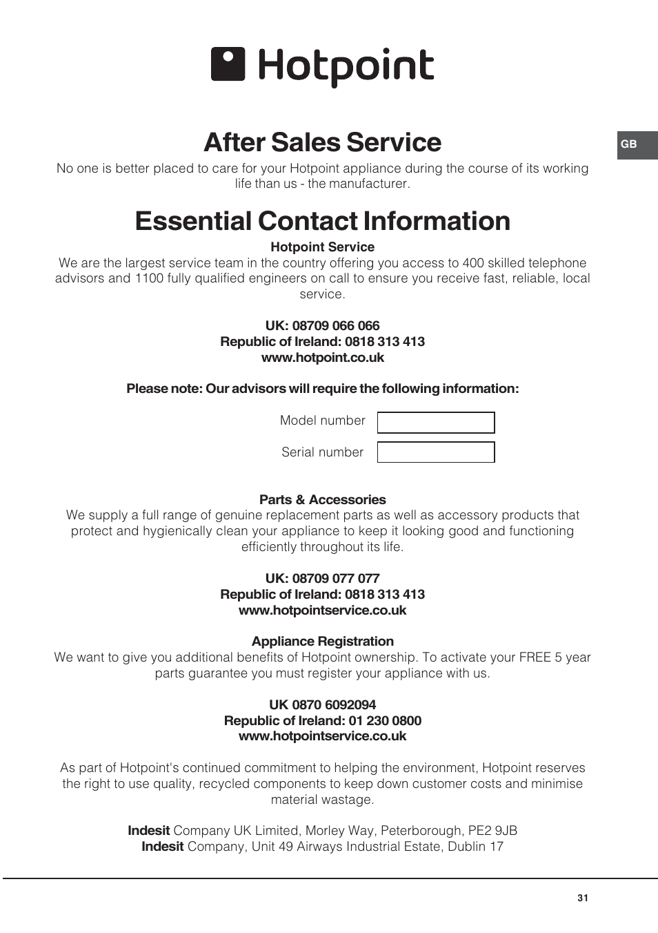 After sales service, Essential contact information | Hotpoint BU72B2 User Manual | Page 31 / 32