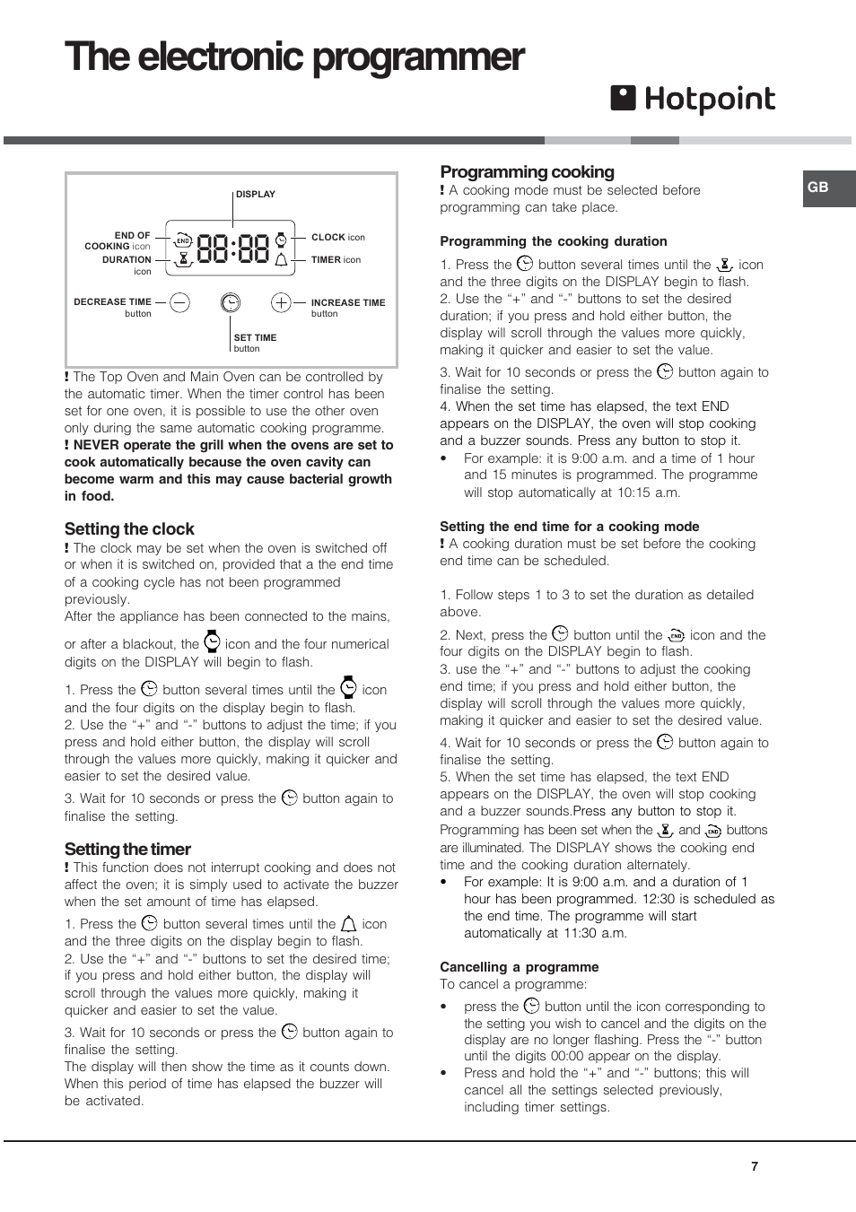 The electronic programmer, Setting the clock, Setting the timer | Programming cooking | Hotpoint BU72B2 User Manual | Page 7 / 32