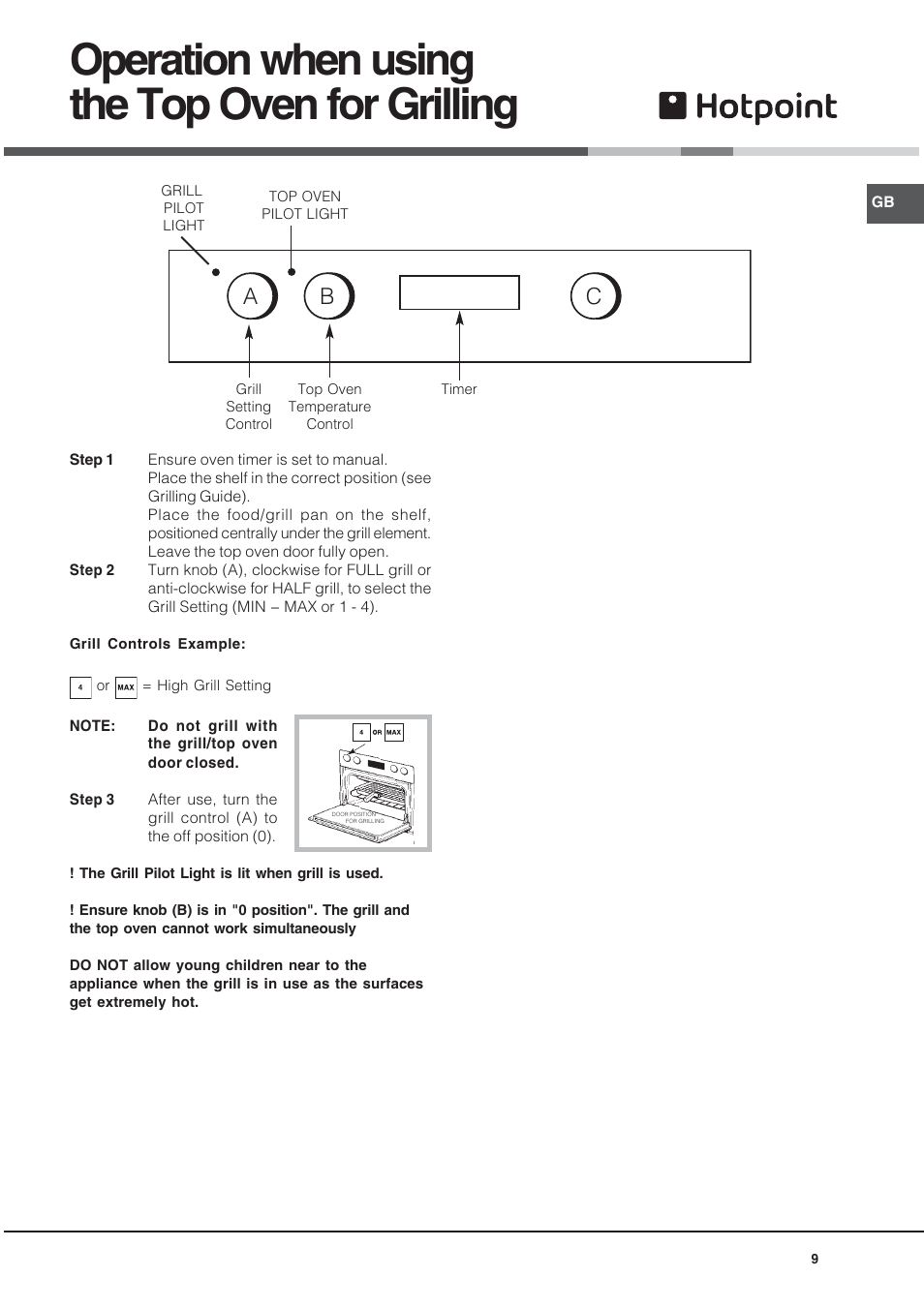 Operation when using the top oven for grilling, Ab c | Hotpoint BU72B2 User Manual | Page 9 / 32
