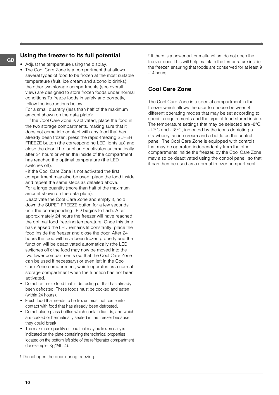 Using the freezer to its full potential, Cool care zone | Hotpoint FF200TP User Manual | Page 10 / 16