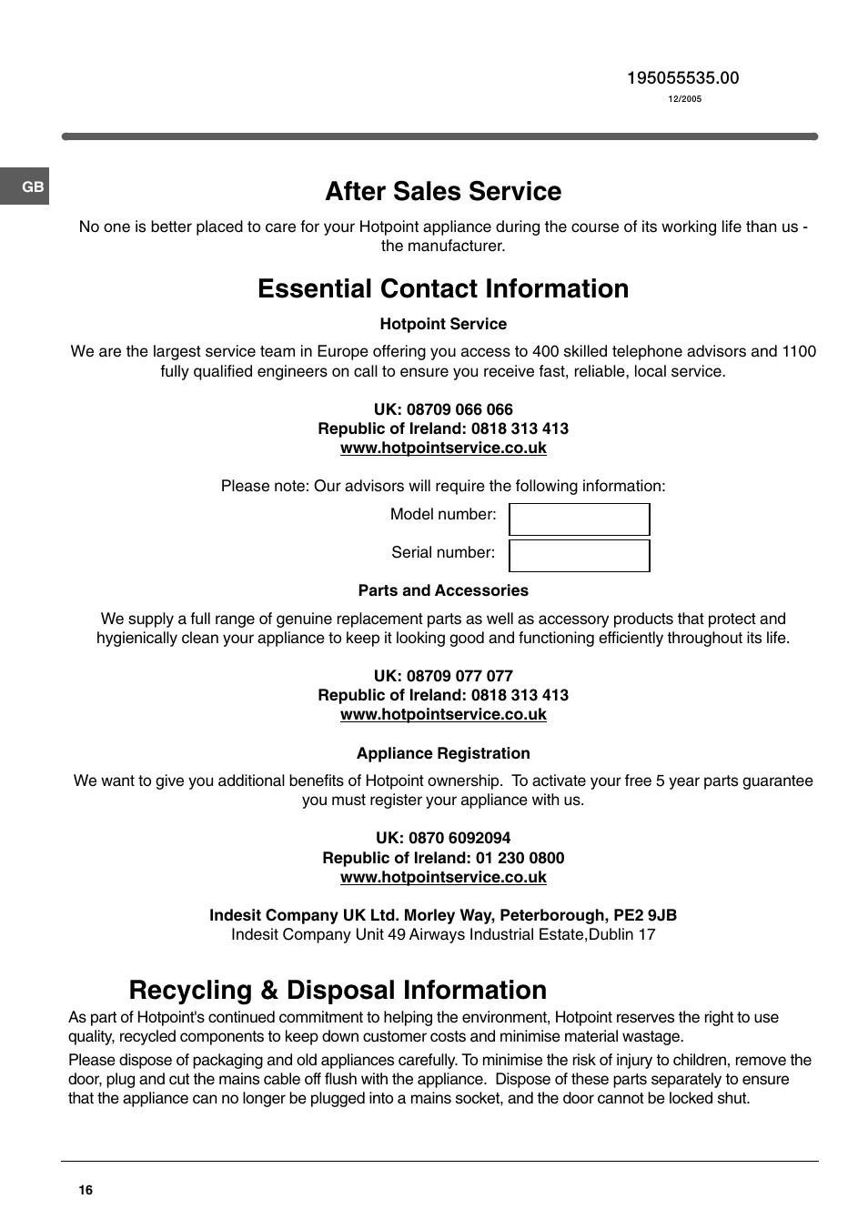 After sales service, Essential contact information, Recycling & disposal information | Hotpoint FF200TP User Manual | Page 16 / 16