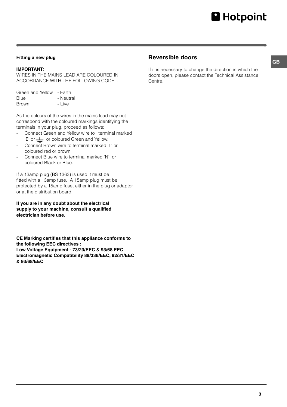 Reversible doors | Hotpoint FF200TP User Manual | Page 3 / 16