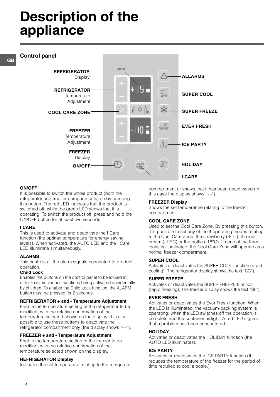 Description of the appliance | Hotpoint FF200TP User Manual | Page 4 / 16