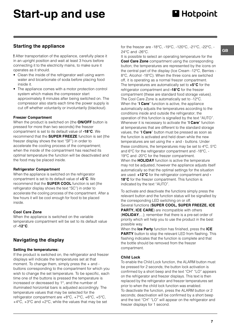 Start-up and use | Hotpoint FF200TP User Manual | Page 7 / 16