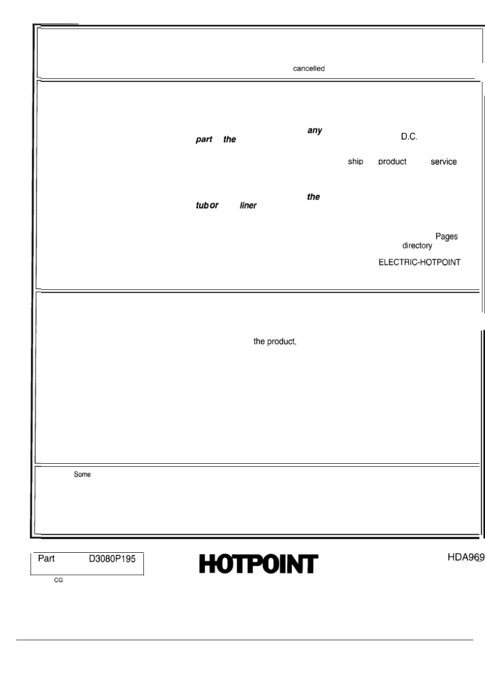 Warranty, Back cover, Your hotpoint automatic dishwasher | What is covered, What is not covered | Hotpoint HDA969 User Manual | Page 20 / 20