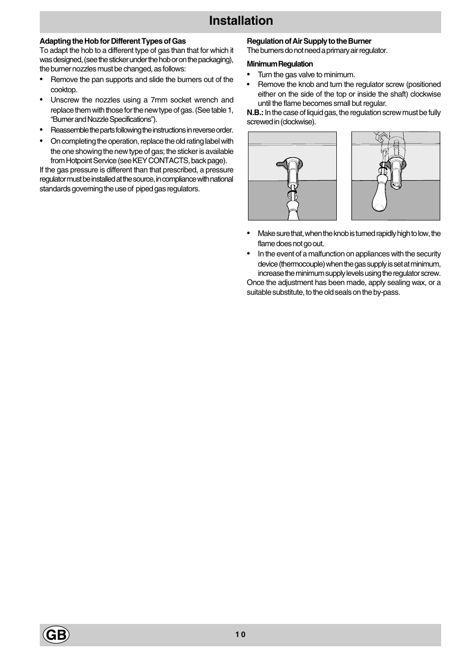 Installation | Hotpoint GF641 User Manual | Page 10 / 16