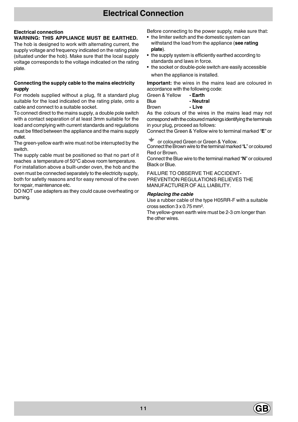 Electrical connection | Hotpoint GF641 User Manual | Page 11 / 16