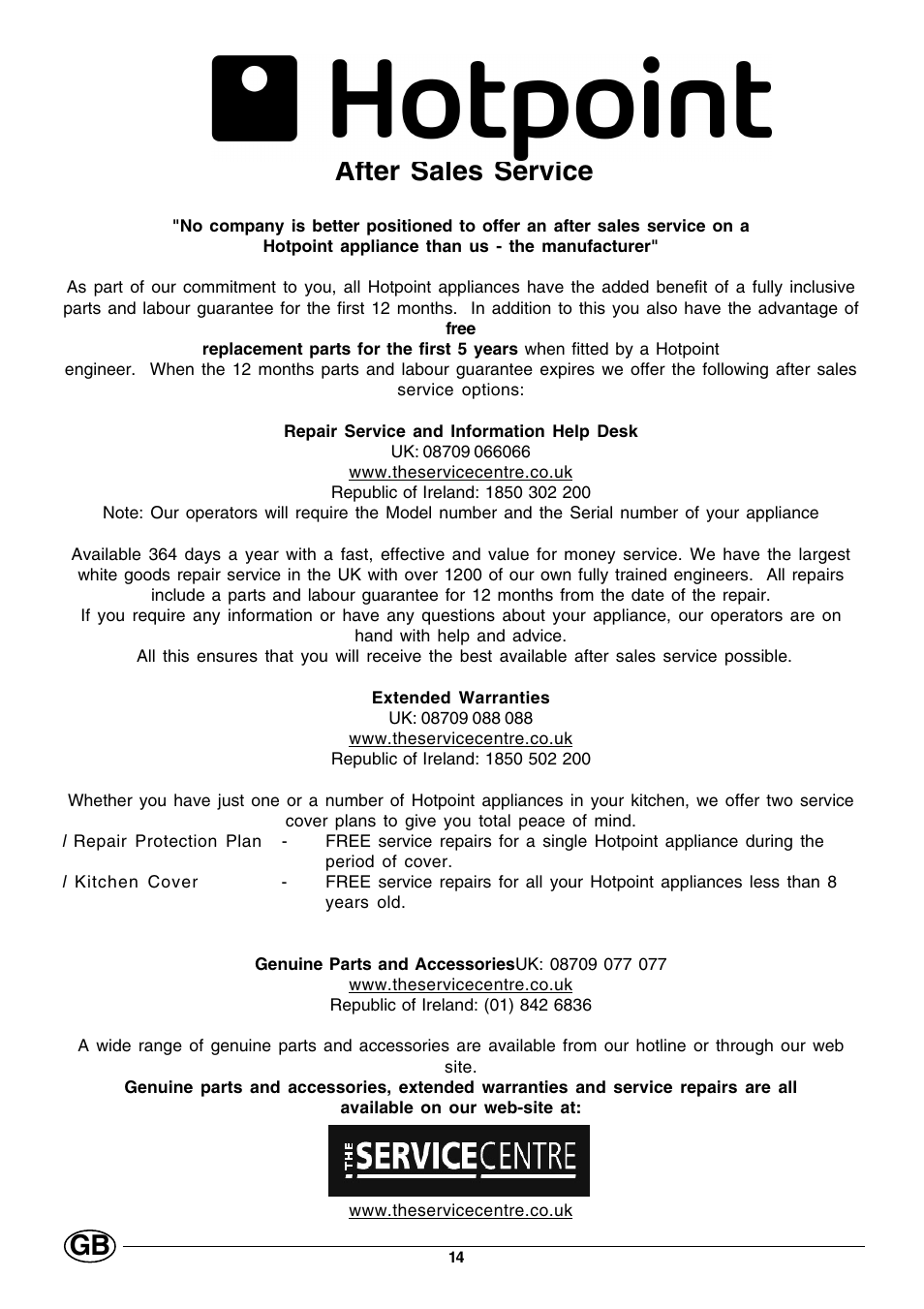 After sales service | Hotpoint GF641 User Manual | Page 14 / 16