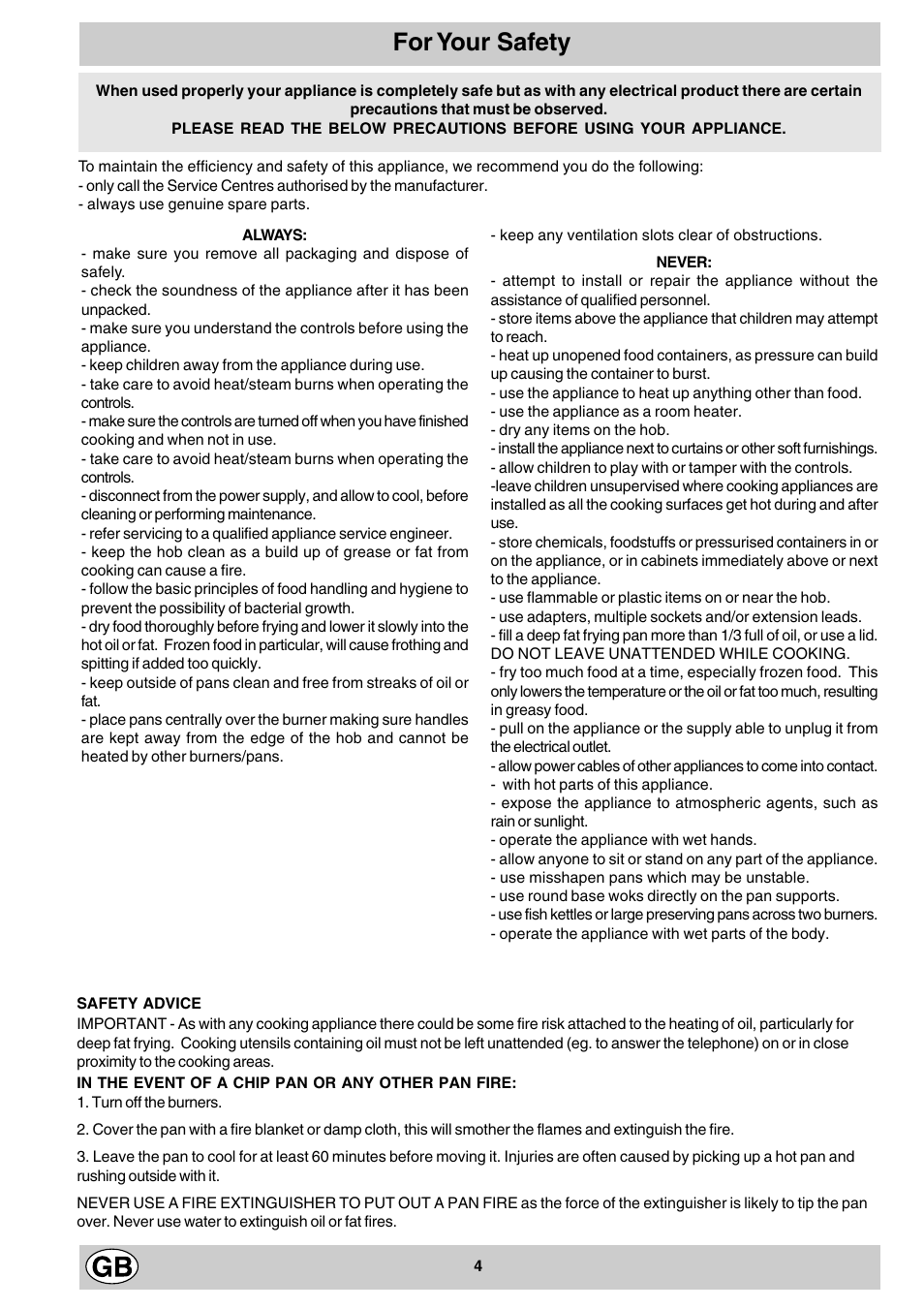 For your safety | Hotpoint GF641 User Manual | Page 4 / 16
