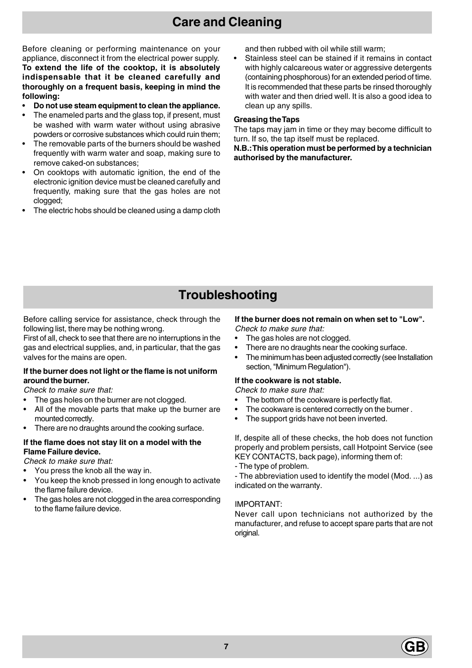 Care and cleaning troubleshooting | Hotpoint GF641 User Manual | Page 7 / 16