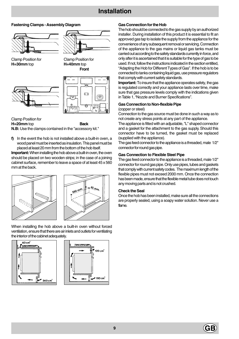 Installation | Hotpoint GF641 User Manual | Page 9 / 16