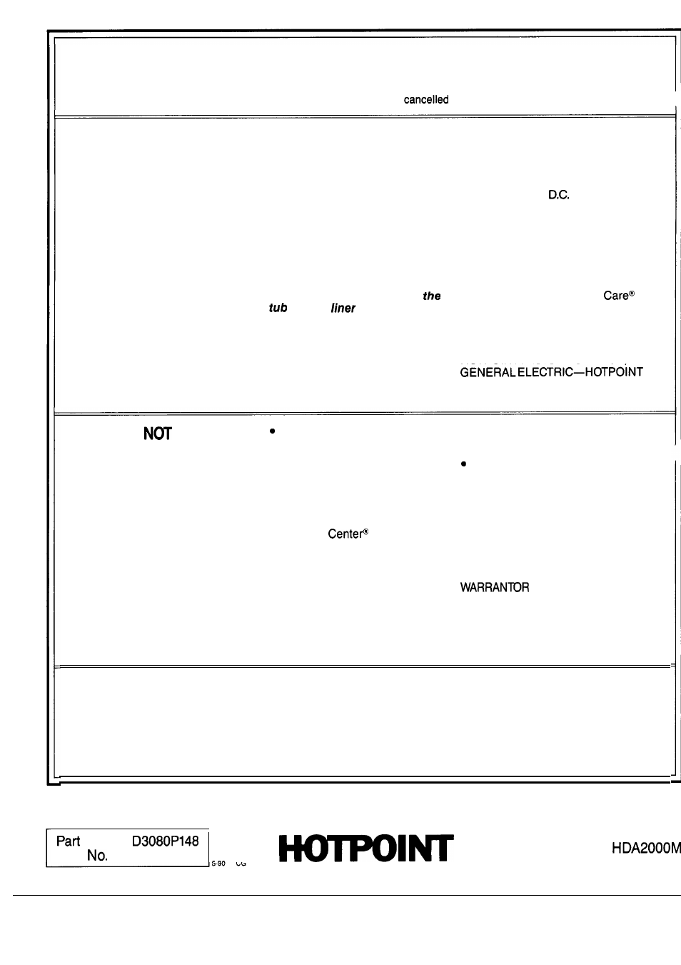 Warranty, Back cover, Your hotpoint automatic dishwasher | What is covered, No. 165 | Hotpoint HDA2000M User Manual | Page 24 / 24