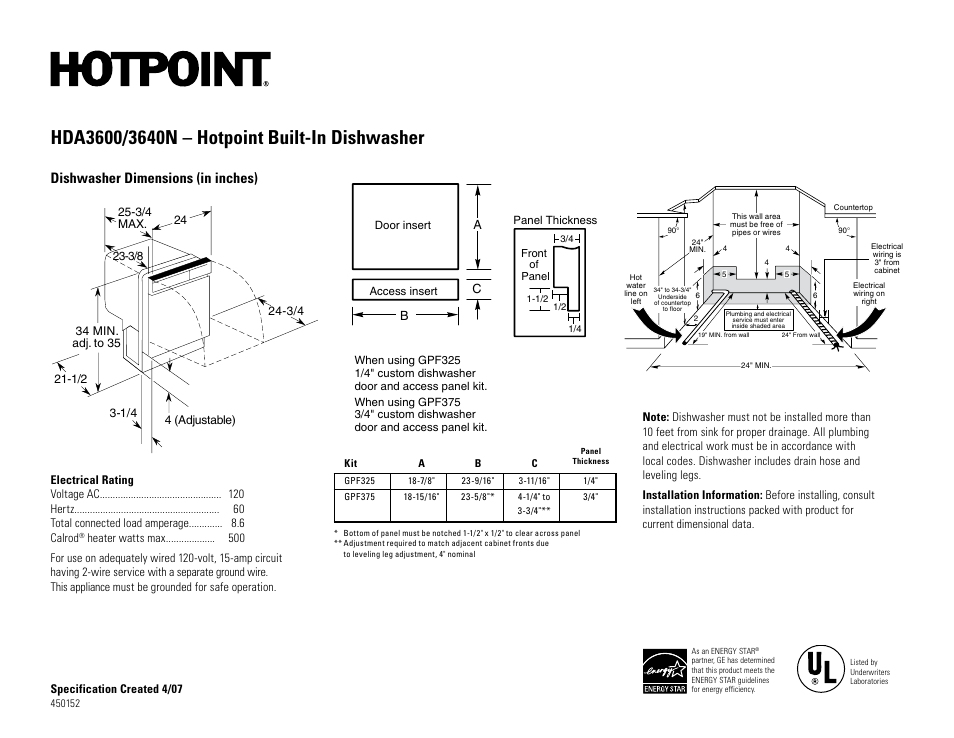 Hotpoint HDA3600 User Manual | 2 pages