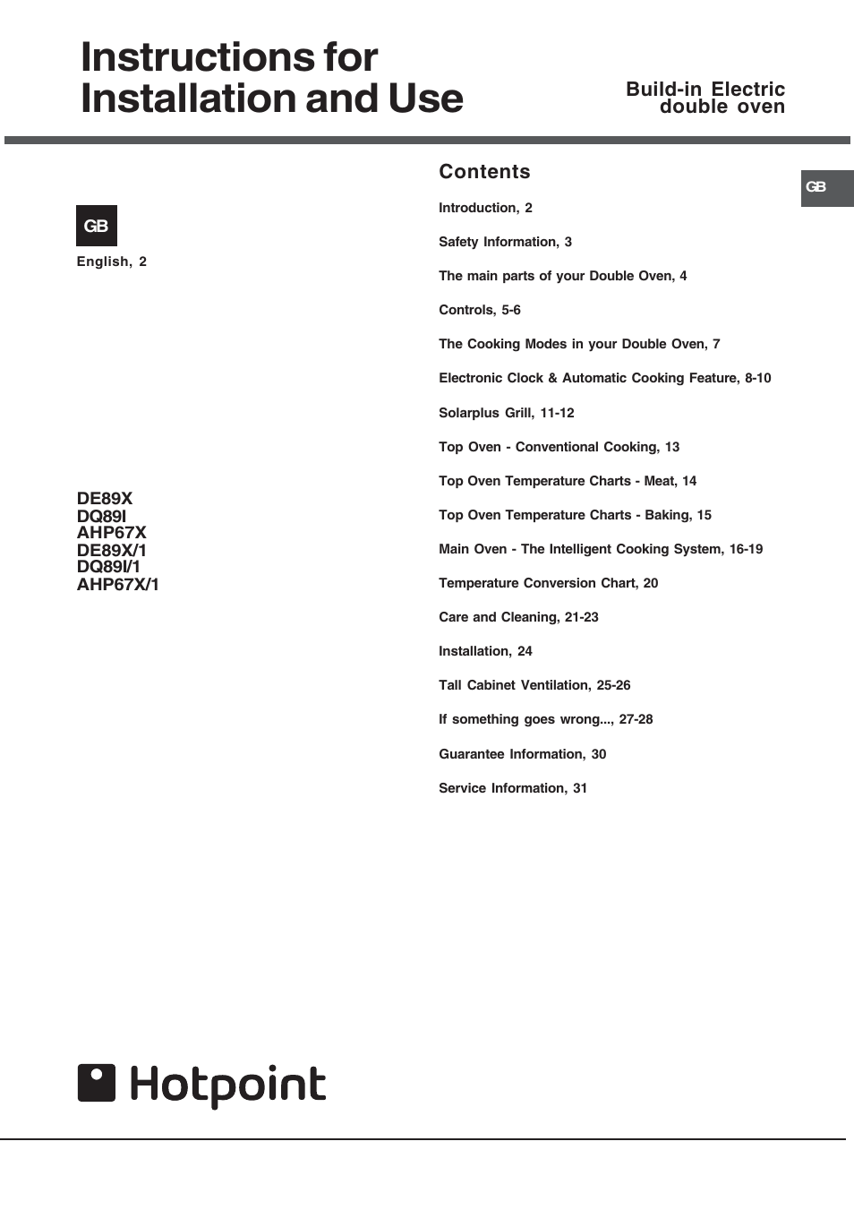 Hotpoint DE89X1 User Manual | 32 pages