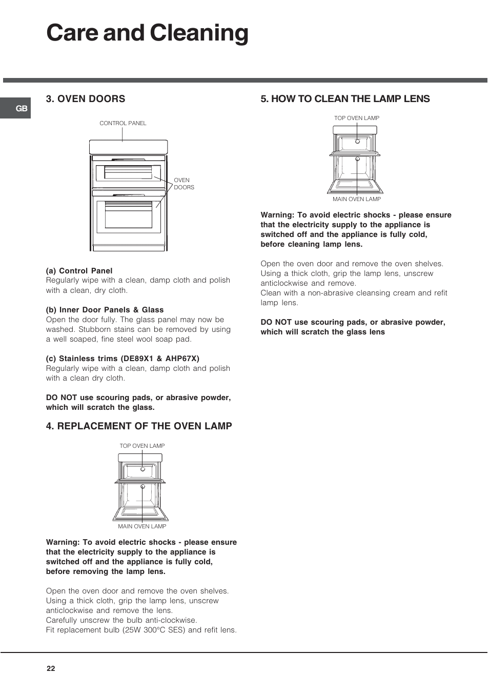 Care and cleaning, Oven doors, Replacement of the oven lamp | How to clean the lamp lens | Hotpoint DE89X1 User Manual | Page 22 / 32