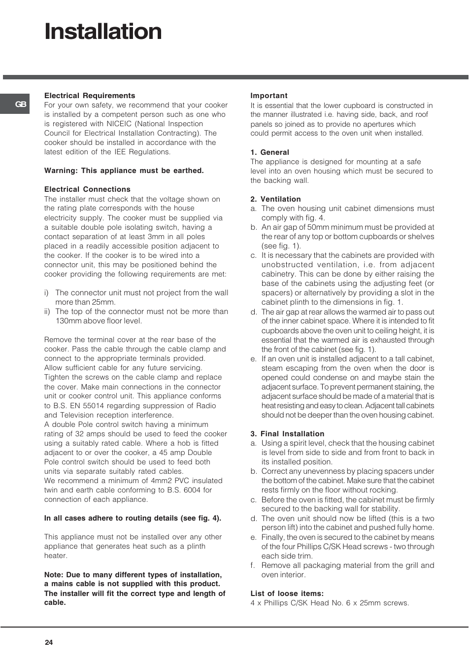Installation | Hotpoint DE89X1 User Manual | Page 24 / 32