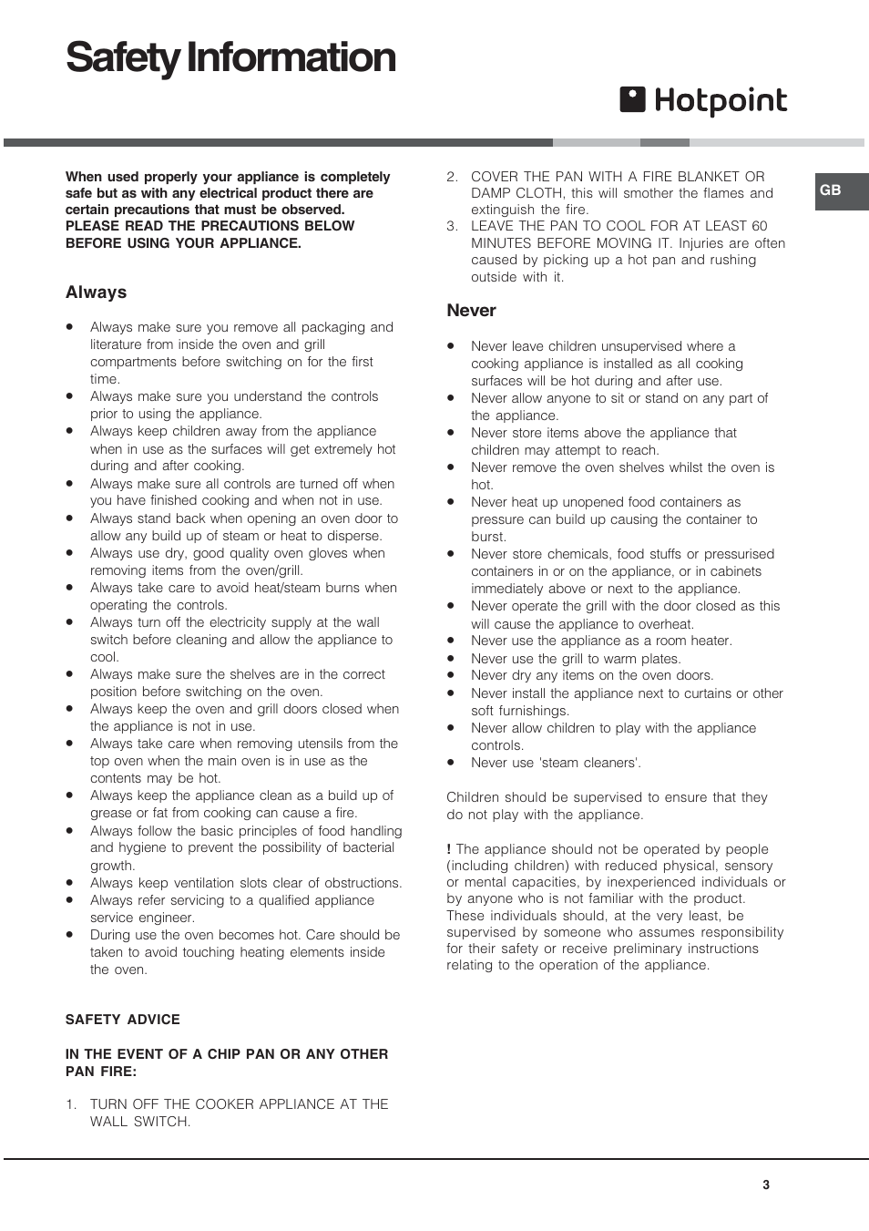 Safety information | Hotpoint DE89X1 User Manual | Page 3 / 32