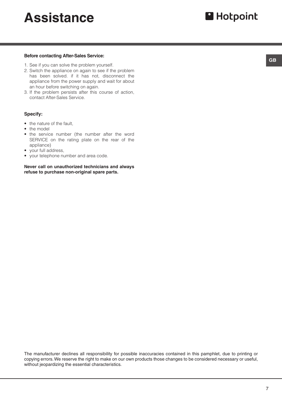 Assistance | Hotpoint C320IX User Manual | Page 5 / 7