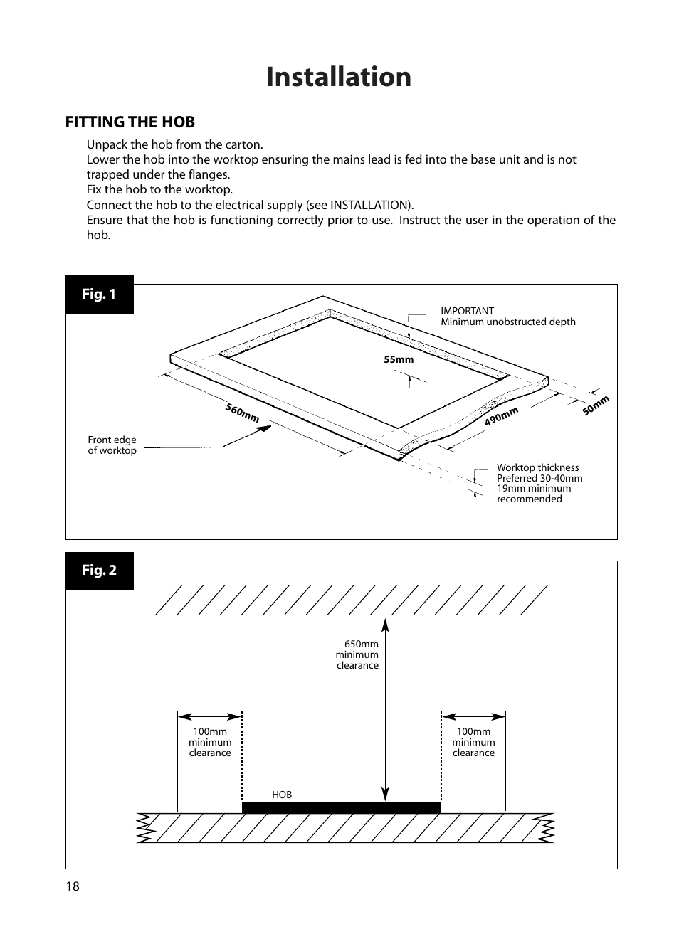 Installation, Fitting the hob, Fig. 1 | Fig. 2 | Hotpoint BE72 User Manual | Page 18 / 24