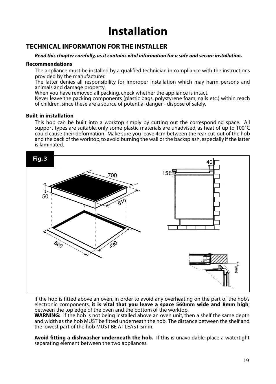 Installation | Hotpoint BE72 User Manual | Page 19 / 24