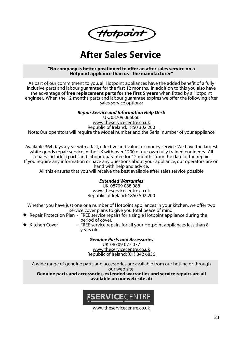After sales service | Hotpoint BE72 User Manual | Page 23 / 24