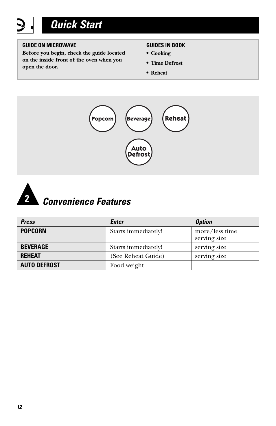 Quick start, Convenience features | Hotpoint RVM1435 User Manual | Page 12 / 80