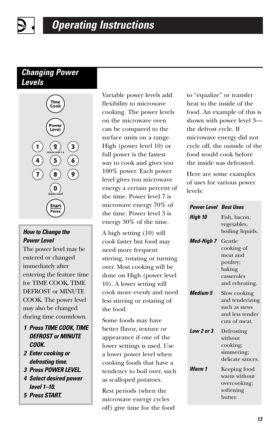 Operating instructions, Changing power levels | Hotpoint RVM1435 User Manual | Page 13 / 80