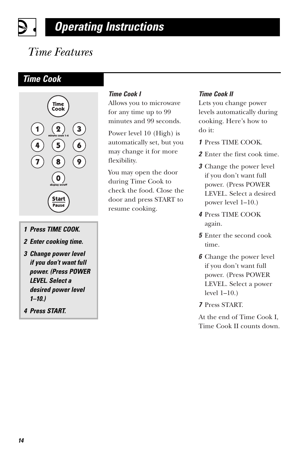 Time features, Operating instructions time features, Time cook | Hotpoint RVM1435 User Manual | Page 14 / 80