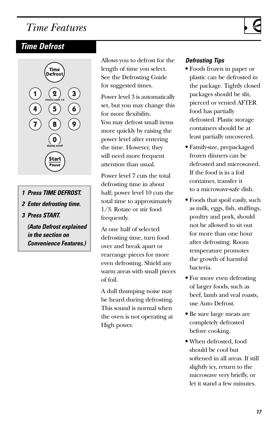 Time features, Time defrost | Hotpoint RVM1435 User Manual | Page 17 / 80