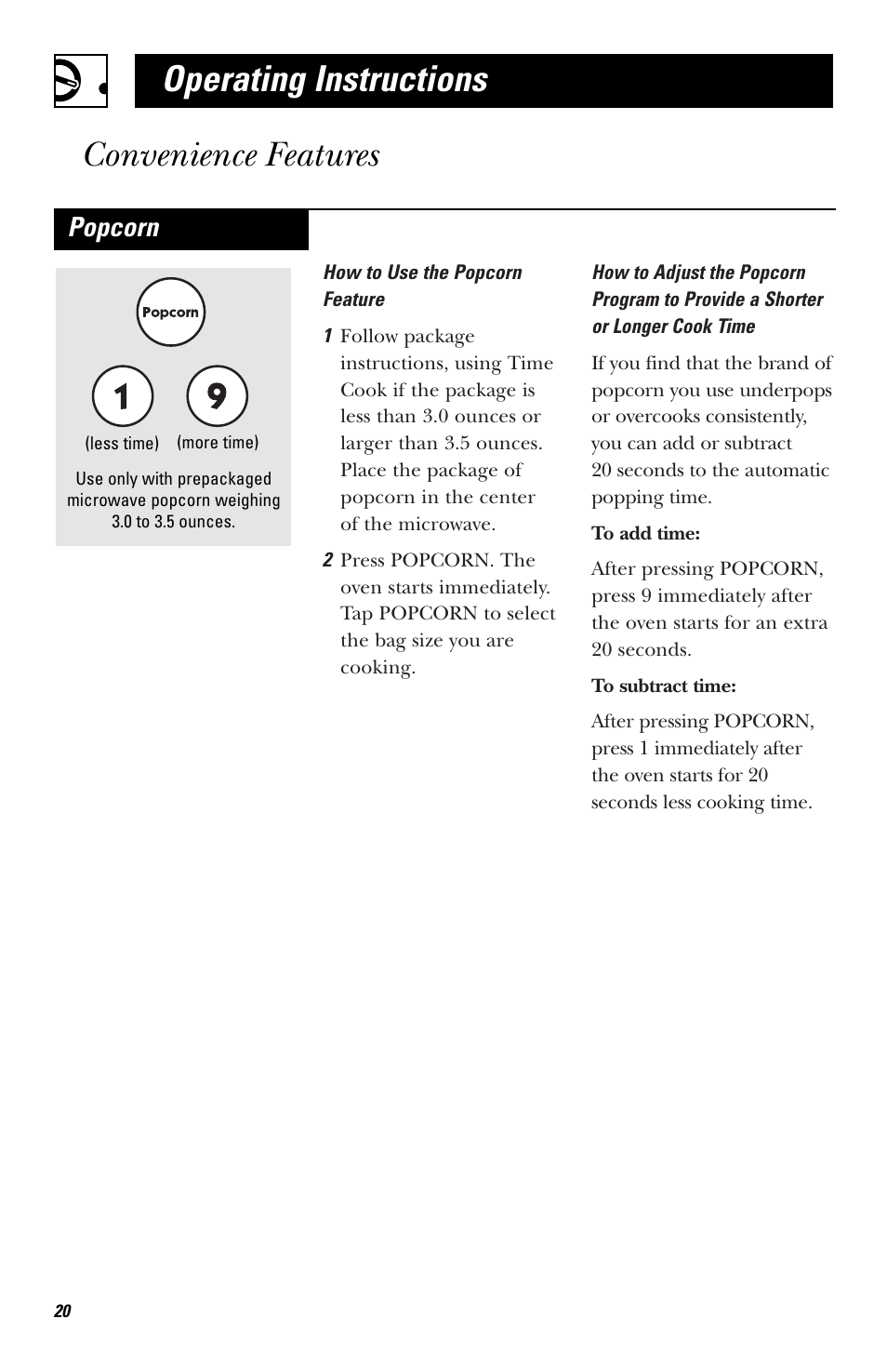 Convenience features, Operating instructions, Popcorn | Hotpoint RVM1435 User Manual | Page 20 / 80