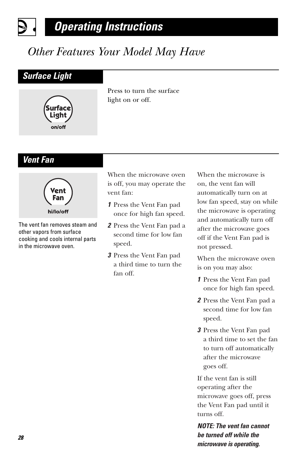 Vent fan, Surface light | Hotpoint RVM1435 User Manual | Page 28 / 80