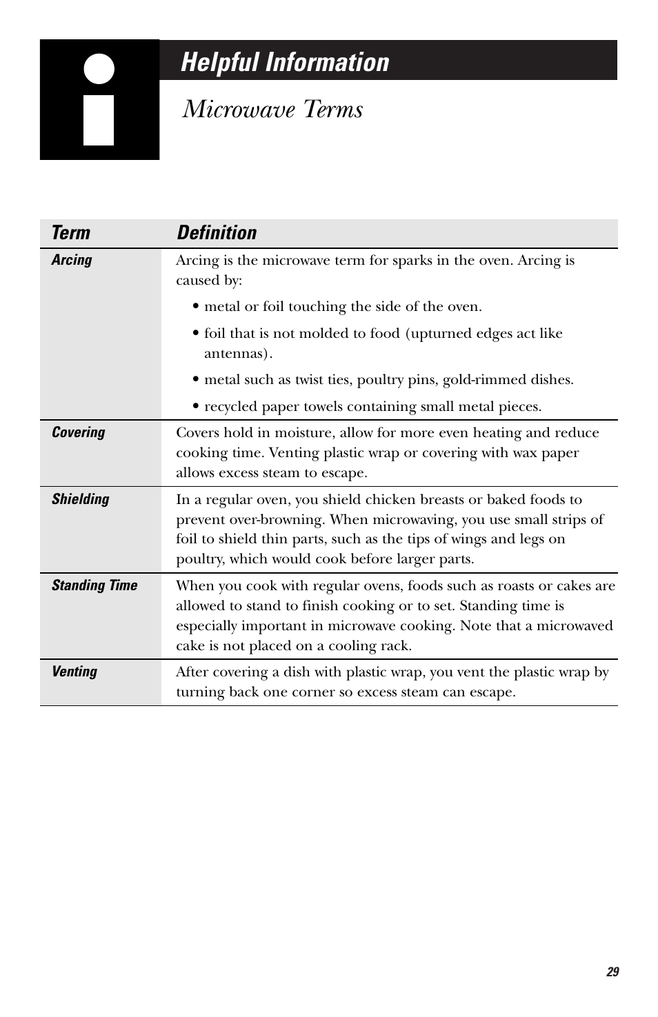 Helpful information, Microwave terms, Helpful information microwave terms | Term definition | Hotpoint RVM1435 User Manual | Page 29 / 80