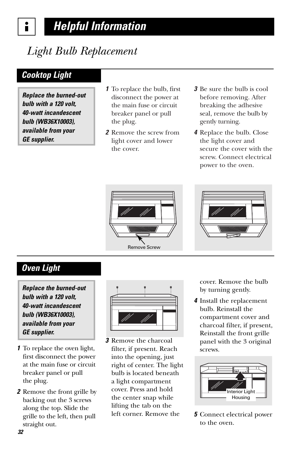 Helpful information light bulb replacement, Cooktop light, Oven light | Hotpoint RVM1435 User Manual | Page 32 / 80