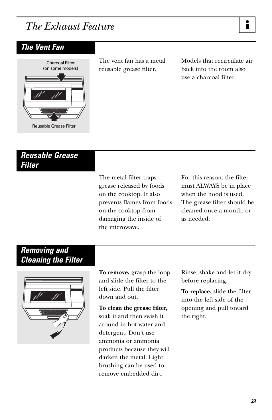 The exhaust feature, The vent fan, Reusable grease filter | Removing and cleaning the filter | Hotpoint RVM1435 User Manual | Page 33 / 80