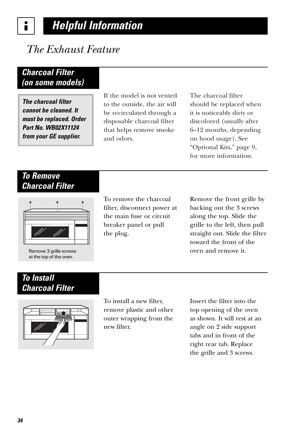 Helpful information the exhaust feature, Charcoal filter (on some models) | Hotpoint RVM1435 User Manual | Page 34 / 80