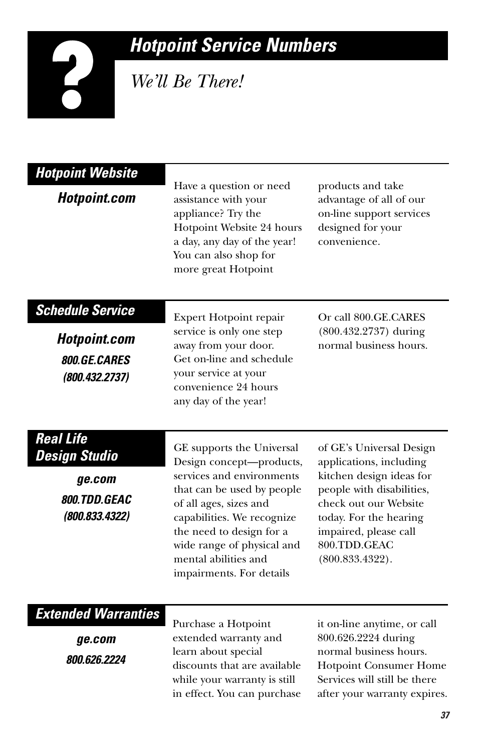 Hotpoint service numbers, Hotpoint service numbers we’ll be there | Hotpoint RVM1435 User Manual | Page 37 / 80
