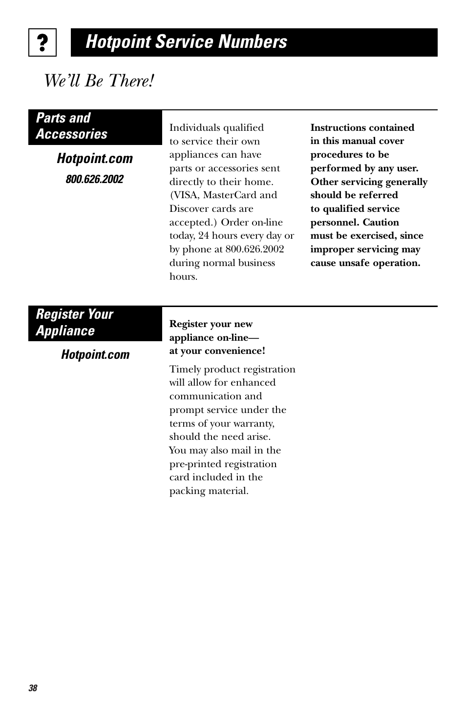 Hotpoint service numbers we’ll be there | Hotpoint RVM1435 User Manual | Page 38 / 80