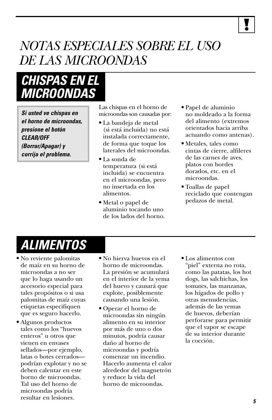 Notas especiales sobre el uso de las microondas, Chispas en el microondas, Alimentos | Hotpoint RVM1435 User Manual | Page 45 / 80
