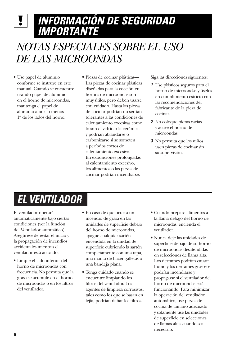 Notas especiales sobre el uso de las microondas, El ventilador, Información de seguridad importante | Hotpoint RVM1435 User Manual | Page 48 / 80