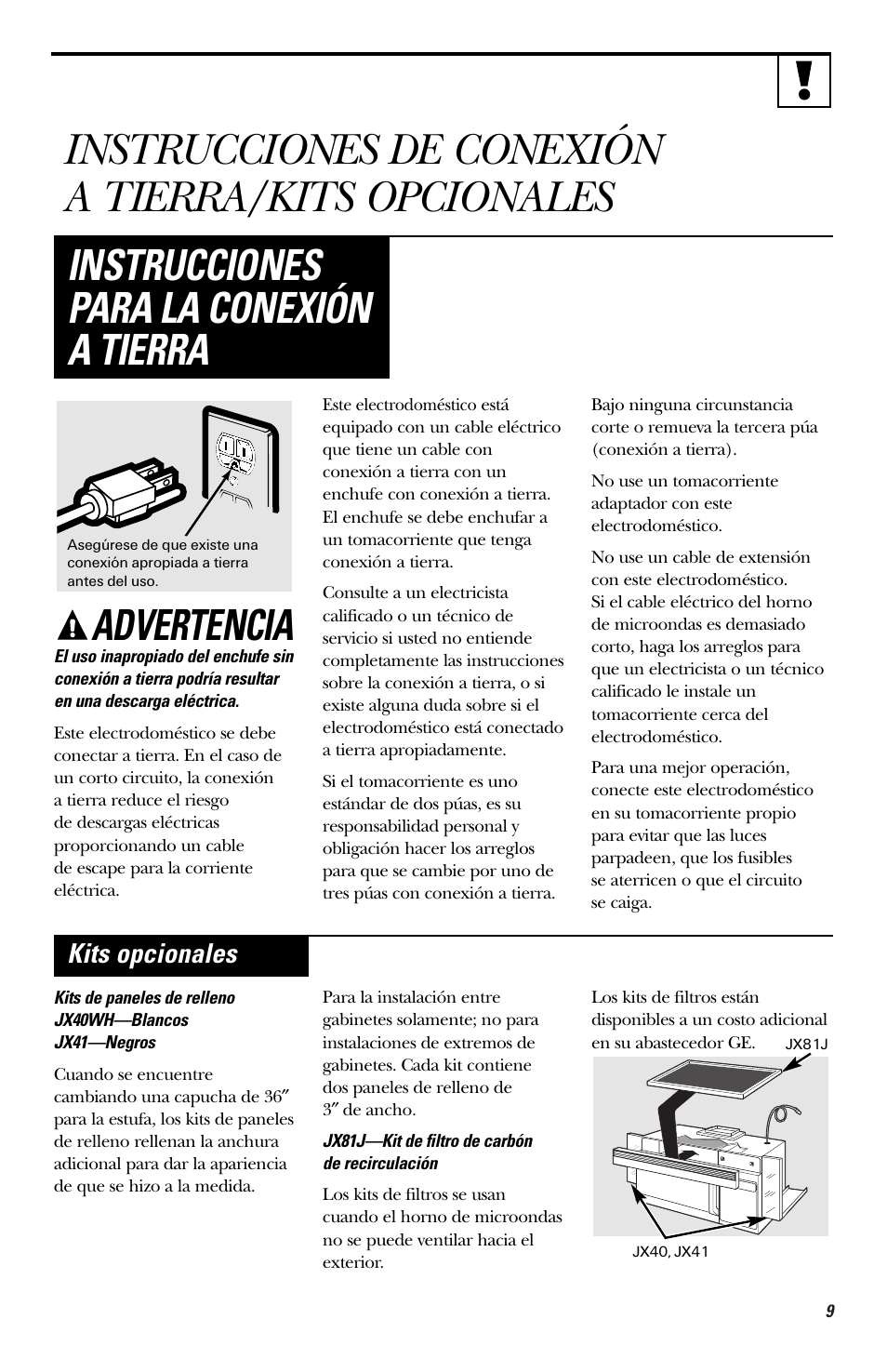 Instrucciones de conexión a tierra/kits opcionales, Advertencia, Instrucciones para la conexión a tierra | Kits opcionales | Hotpoint RVM1435 User Manual | Page 49 / 80