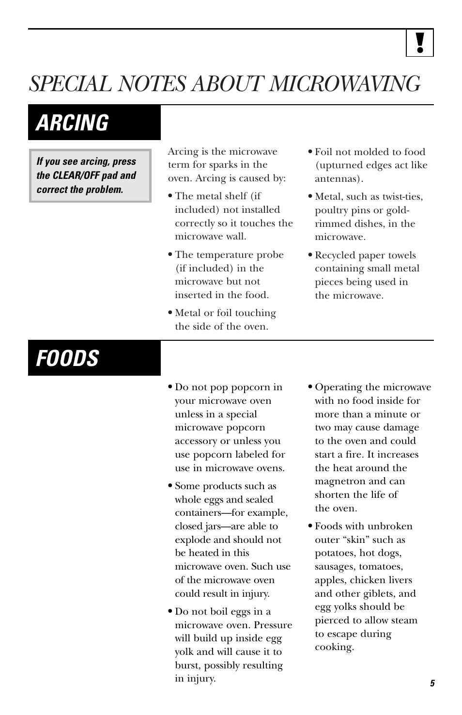 Special notes about microwaving, Arcing, Foods | Hotpoint RVM1435 User Manual | Page 5 / 80