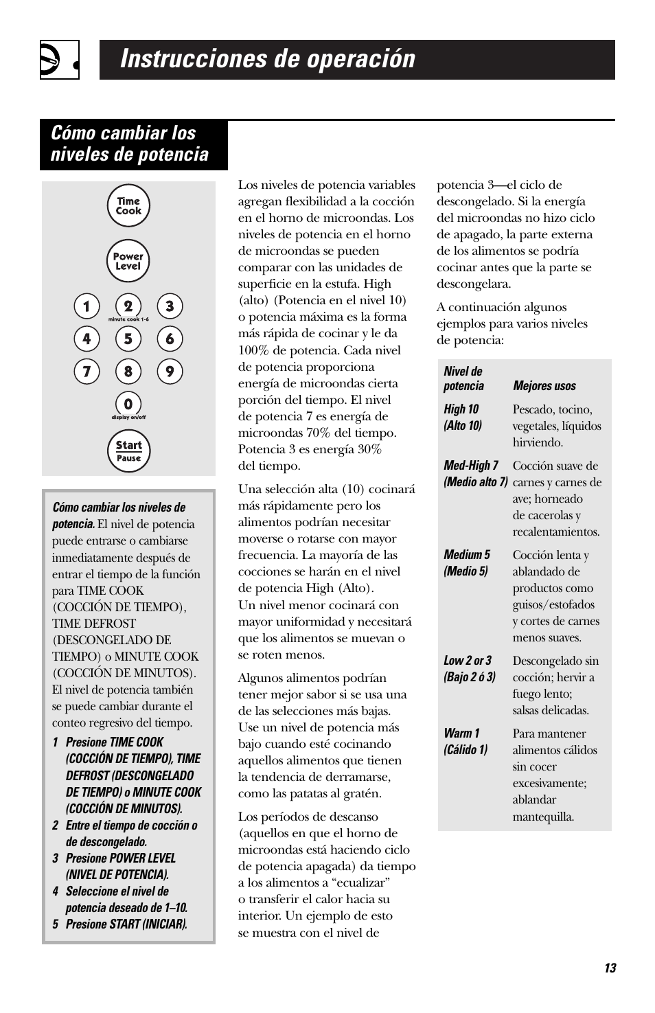 Instrucciones de operación, Cómo cambiar los niveles de potencia | Hotpoint RVM1435 User Manual | Page 53 / 80
