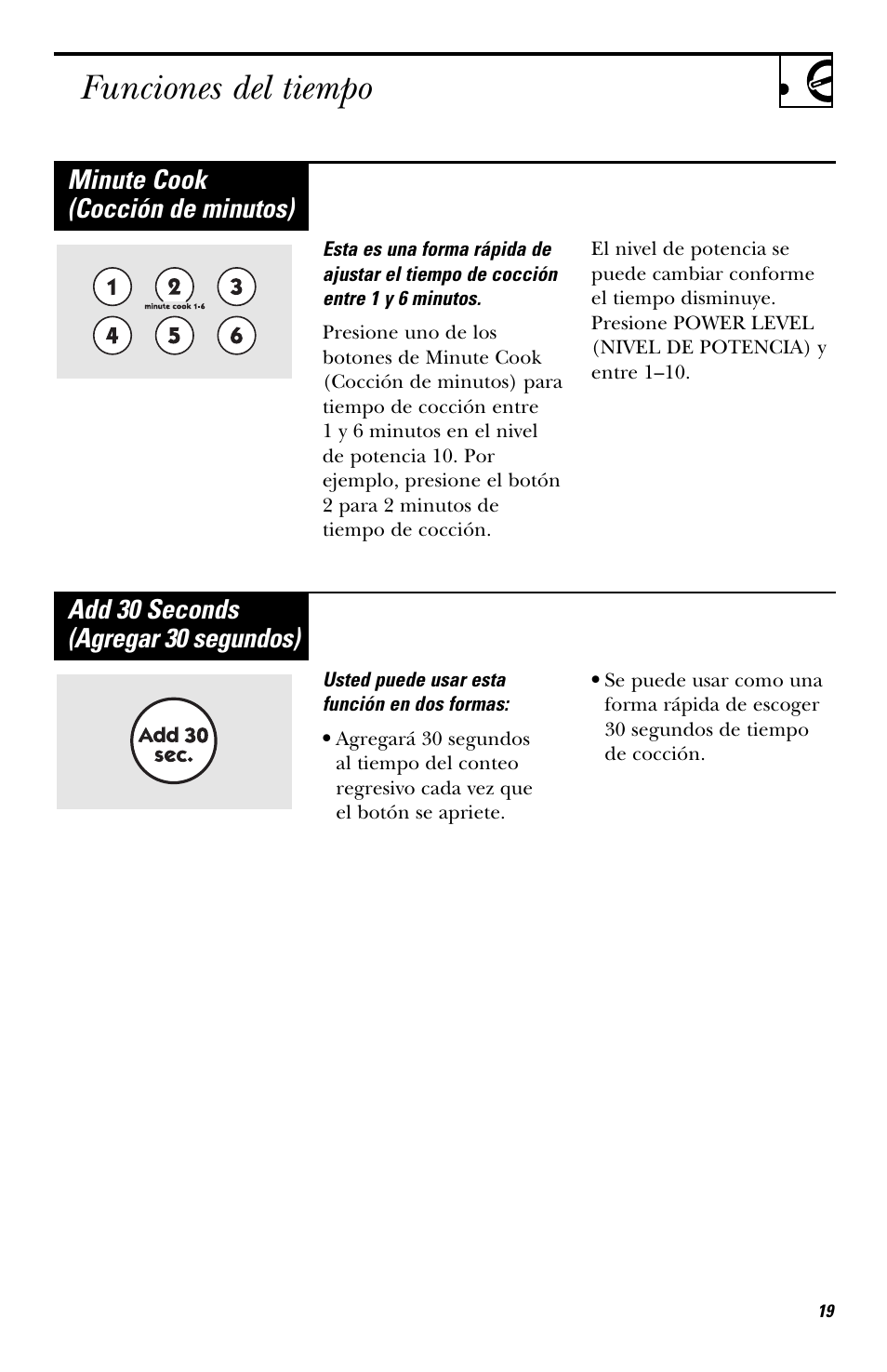 Funciones del tiempo, Add 30 seconds (agregar 30 segundos), Minute cook (cocción de minutos) | Hotpoint RVM1435 User Manual | Page 59 / 80