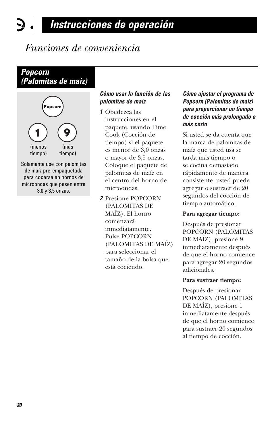 Funciones de conveniencia, Popcorn (palomitas de maíz) | Hotpoint RVM1435 User Manual | Page 60 / 80