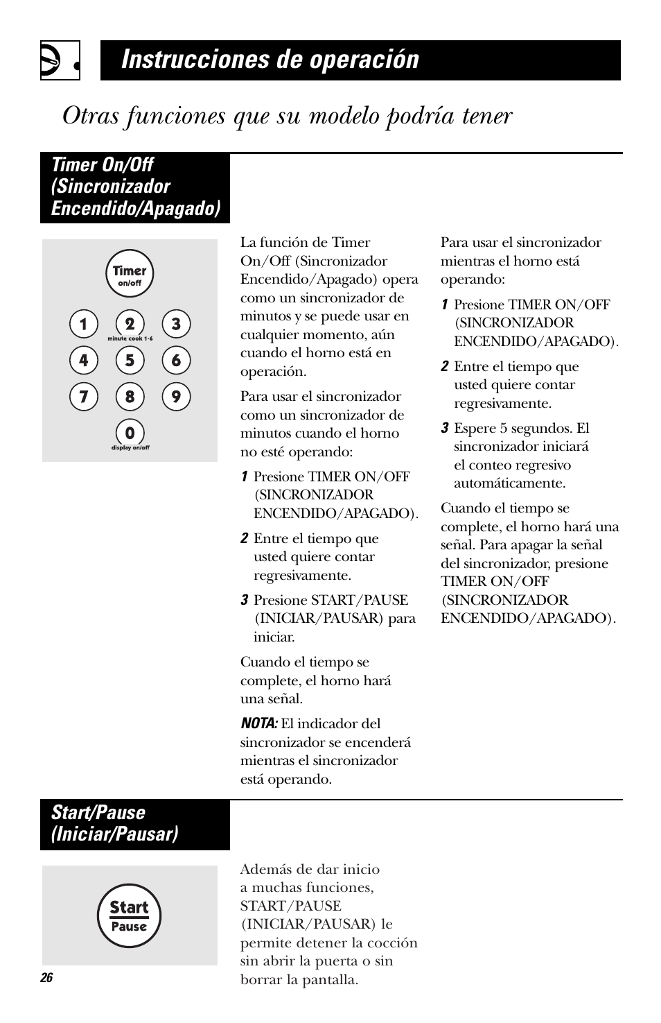 Start/pause (iniciar/pausar), Timer on/off (sincronizador encendido/apagado) | Hotpoint RVM1435 User Manual | Page 66 / 80