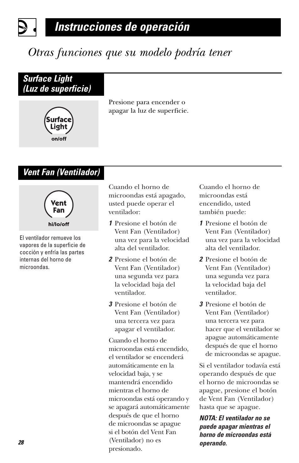 Vent fan (ventilador), Surface light (luz de superficie) | Hotpoint RVM1435 User Manual | Page 68 / 80