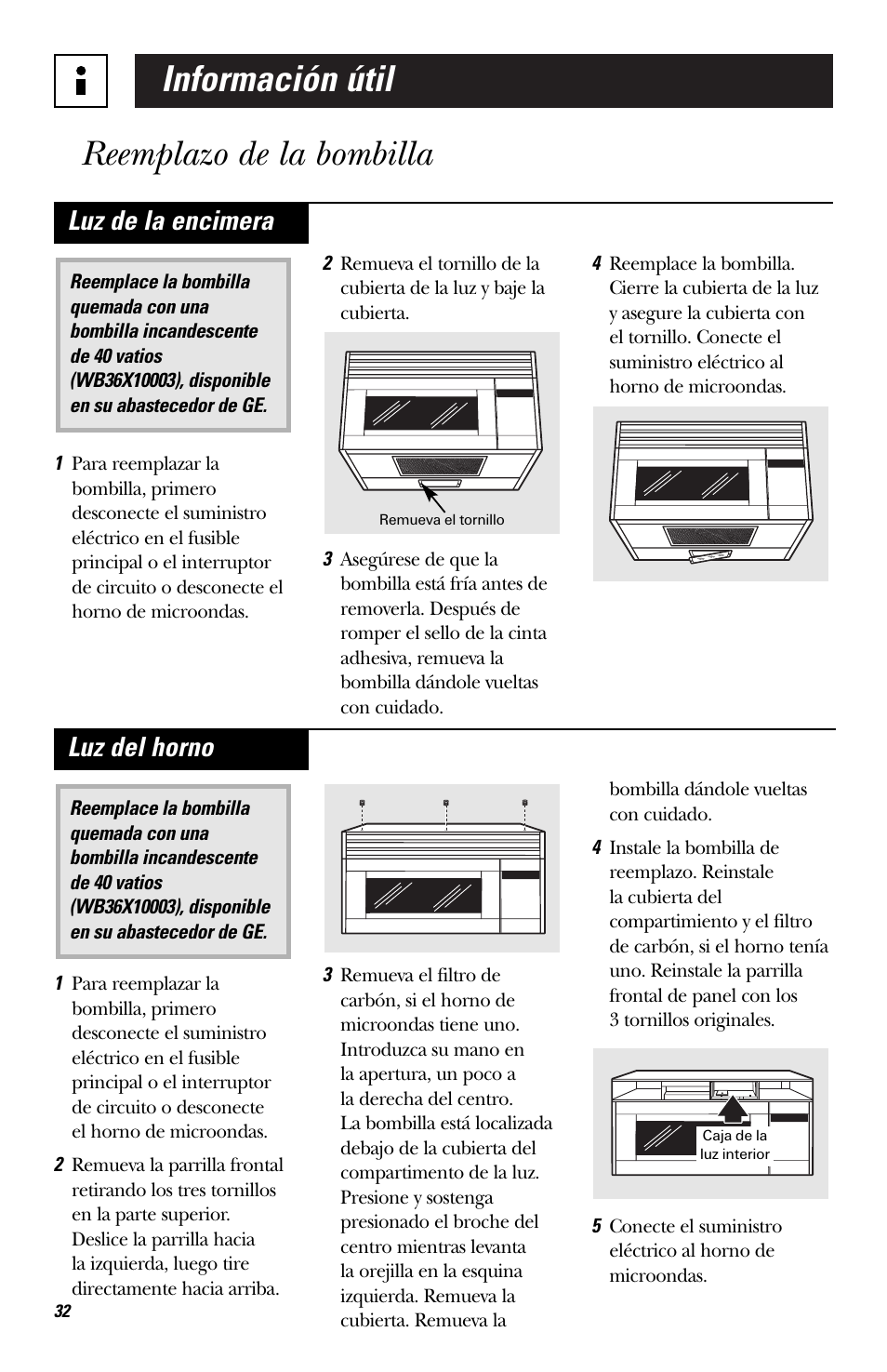 Información útil reemplazo de la bombilla, Luz de la encimera, Luz del horno | Hotpoint RVM1435 User Manual | Page 72 / 80